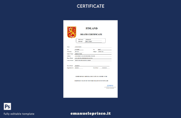 stile verificato Certificato di morte finlandese Modello Word e PDF